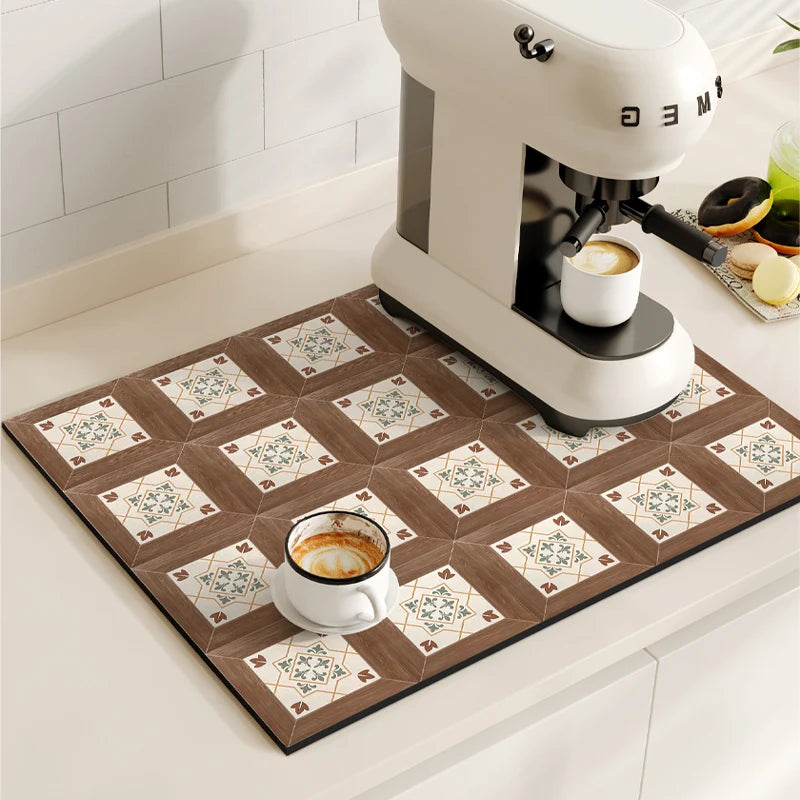 Coffee Maker Mat Retro Dish Drying Mats For Kitchen Non-slip Draining Pad Quick Dry Tableware Placemat Dinnerware Washable