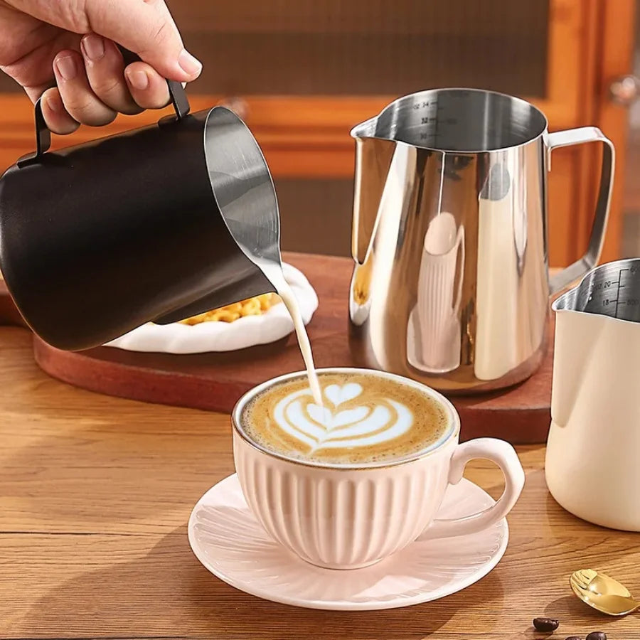 Coffee Milk Frothing Pitcher Jug 304 Stainless Steel With Scale Latte Steam Coffee Paint Process Kitchen Cafe Accessories