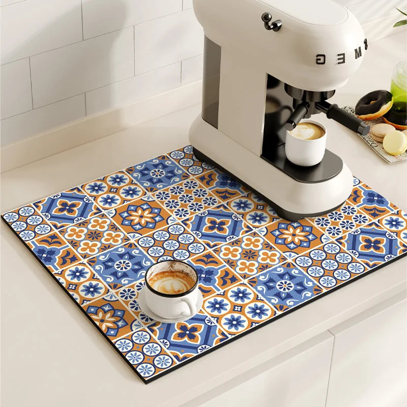 Coffee Maker Mat Retro Dish Drying Mats For Kitchen Non-slip Draining Pad Quick Dry Tableware Placemat Dinnerware Washable