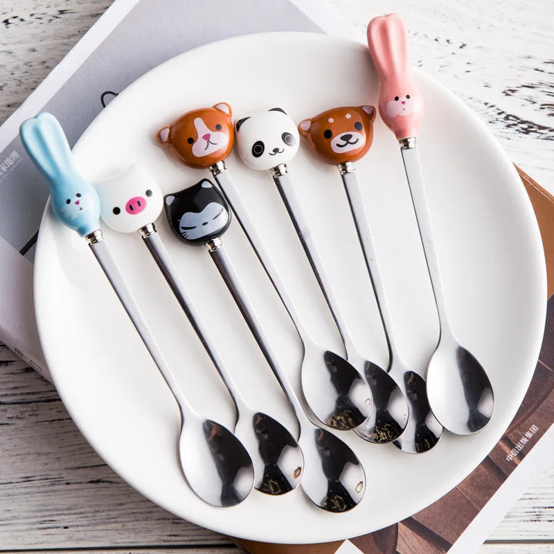 Cute Cartoon Animals Coffee Spoon Fruit Fork Cat Panda Rabbit Stirring  s Milk Scoop Children Soup Dinnerware