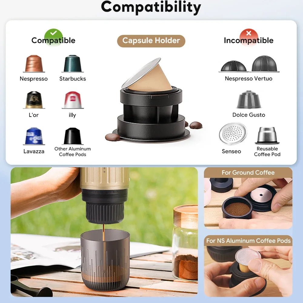 2 in 1 Capsule Powder Travel Coffee Maker Electric Portable Espresso Coffee Machine for Car & Home Camping Coffee Maker